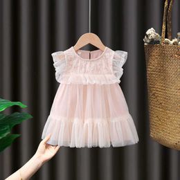 2021 Girls Lace Dress Summer Embroidery Ruffles Girls Embroidery Princess Dress Girls Clothes Ball Gown pink 1-7Y Q0716