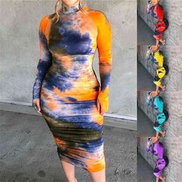 Autumn High Quality Print Turtleneck Long Sleeve Bodycon Midi Dress Woman Casual Street Pleated Slim Mujer 210517