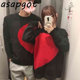 Sweater Loose Full Round Neck Red Heart Couple Sweaters Pullovers Women Casual Men Black Knitted Tops Pull Femme Retro Jumpers 210429