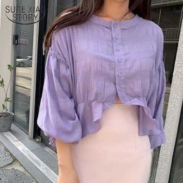 Autumn Casual Single Breasted Solid Women Blouse Cardigan O Neck Ladies' Tops Lantern Sleeve Cotton Shirts Women 10153 210527