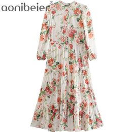 Flowers Print Summer Women Casual Midi Shirt Dress Fashion Puff Sleeve Buttons Front Tiered Loose Ruffles Female 210604