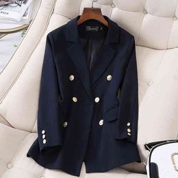 spring and autumn ladies office suit Elegant High Quality Double Breasted Blazer Jacket feminine small blue 210527