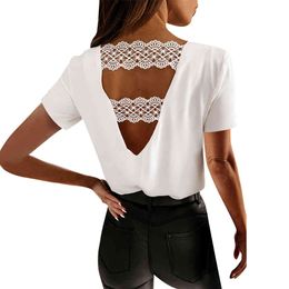 Sexy Lace Patchwork Backless Women T-shirts Summer Short Sleeve Casual Party Tshirts Elegant V Neck Office Lady Loose White Tops 210412