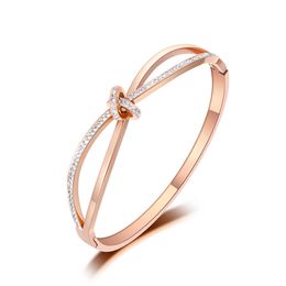 Sparkling Cz Crystal Cross Bow-knot Bangles Bracelets Jewellery for Women Rose Gold Stainless Steel Wedding Bangle B19094 Q0717