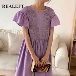 Summer Lace Crochet Patchwork Women's Dresses Puff Sleeve O-Neck Loose Female A-Line Purple Midi 210428