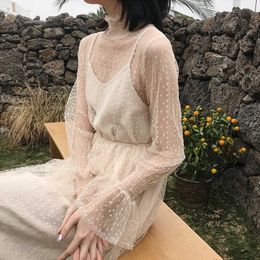 Vintage Summer Turtleneck mesh long sleeve lace ins female casual dress fashion Sweet Prairie Chic Solid Empire 210608