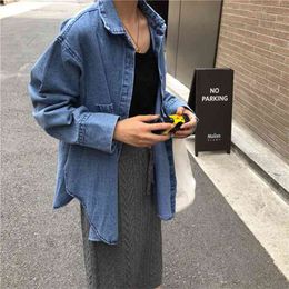 Autumn Korea Fashion Women Long Sleeve Loose Denim Shirt Coat Double Pocket slit Irregularity Vintage Blouse Female Blusas S297 210512