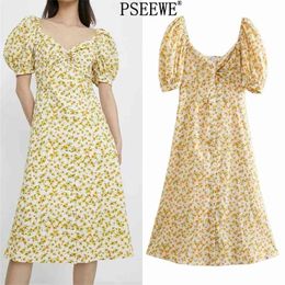 Dress Yellow Floral Midi Women Summer Fashion Button Knot Cottagecore Short Puff Sleeve Long Woman es 210519
