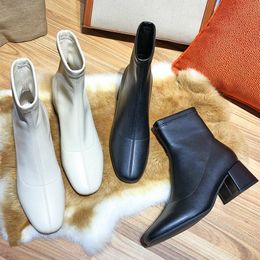 Women's Autumn Boots Square Toe Slip On Rubber Sole Black White Soft Faux Leather Square High Heels Women Ankle Boots 210520