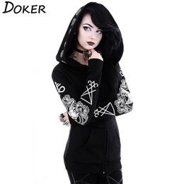 5XL Gothic Punk Print Hoodies Sweatshirts Women Long Sleeve Black Jacket Zipper Coat Autumn Winter Female Casual Hooded Tops 210803