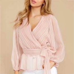 elegant office ladies chiffon blouse shirts women long sleeve stripe v neck casual sash pelpum pink sheer tops 210427