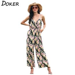 Sexy Sleeveless Spaghetti Strap Backless Print Women Jumpsuit Loose Deep V Neck Elegant Vintage Casual Holiday Jumpsuits 210603