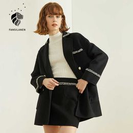 FANSILANEN Black casual 100% wool two piece set Women elegant high waist skirt and top Autumn winter matching suit s 210607