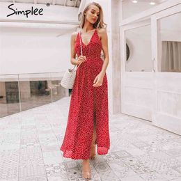 Slip backless sexy long Women chiffon summer red dot print vintage dress elegant party maxi dresses vestidos 210414