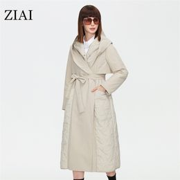 ZIAI Women Autumn Quilted Jacket Female Long Thin Cotton Trench Coat Hooded Hidden Button Belt Elegant Windbreakers ZM-7285 210923