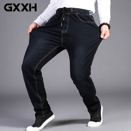 Men Extra Large 32-50 Stretch Waist High Elastic Jeans Designer Drawstring Straight Denim Pants Mens Casual Plus Size 7XL 210330