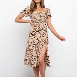 Summer short-sleeved slit print slim elegant dress A-Line Leopard Knee-Length boho Dress for womens Beach Style vestidos 210508