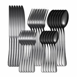 Black Cutlery Set Fork Spoon Knife Tableware Stainless Steel Silver Complete 30pcs Kitchen Dinnerware 211108