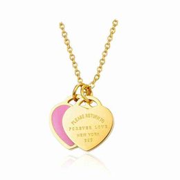 jingyang 316L Stainless Steel Gold-color Pink Green Double Heart Pendant Link Chain Necklace Fashion Jewellery For Women P2 H1221