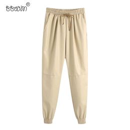 BBWM Women Fashion Faux Leather Jogging Pants Vintage High Elastic Waist Drawstring Ankle Trousers Pantalones Mujer 210520