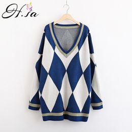 H.SA Women Long Sweater and Pullovers Loose Argyle Jumpers Oversized Knit Pull Femme Vintage Winter Warm Pullover sweaters 210417