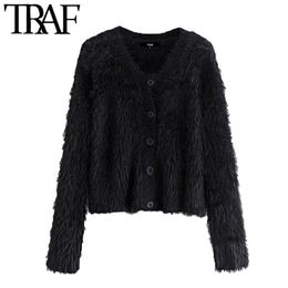 TRAF Women Fashion Soft Touch Faux Fur Knitted Cardigan Sweater Vintage Long Sleeve Button-up Female Outerwear Chic Top 210415