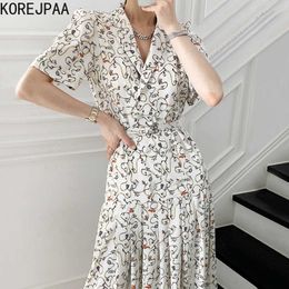 Korejpaa Women Dress Summer Korea Chic Retro Style Lapel Print Loose Single Breasted Pleated Short Sleeve with Belt Dresses 210526