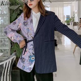 Kimutomo Fashion Casual Asymmetry Blazers Women Striped Colorblock Lace Up Jackets Office Lady Slim Chic Coat Spring 210521