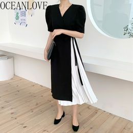 French Vintage Dress Women Office Lady Pleated Work Fashion Robe Bandage Black White Vestidos Long Dresses 16833 210415