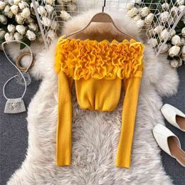 Autumn Winter All-match Knitted Top Women's Three-dimensional Flower Stitching Slash Neck Strapless Bottoming Shirt UK738 210506