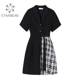 Patchwork Plaid Dress Women Korean Casual Black With Belt Short Sleeve Blazer Dresses Lady Trendy Waist Corset Irregular Vestido 210515