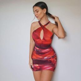 Casual Dresses Summer Fashion Women Halter Backless Sexy Mini Dress Red/Blue Printed Deep V-neck Sleeveless Slim Fit Party Clubwear DressCas