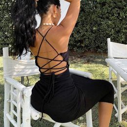 Missakso Bodycon Halter Backless Ribbed Dress Summer Women Sexy Black Off Shoulder Sleeveless Midi Dresses Party Club 210625