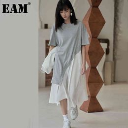 [EAM] Women Black Big Size Irregular Spliced Dress Round Neck Half Sleeve Loose Fit Fashion Spring Summer 1DD8445 21512