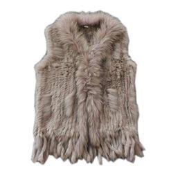 Real ladies Genuine Knitted Rabbit Fur Vest With Raccoon Trimming Waistcoat Winter Jacket harppihop fur 210917