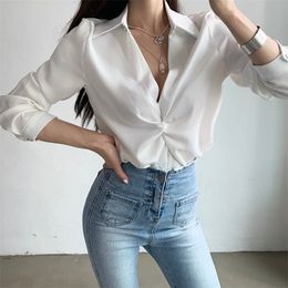 Office Lady Women Loose Knot Satin Elegance OL Lapel Streetwear Chic Solid Gentle Casual All Match Shirts 210421
