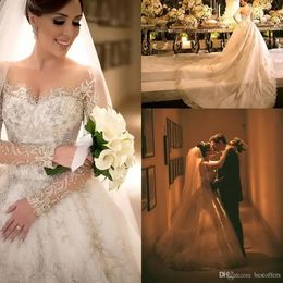 New Arabic Wedding Dresses 2022 Sheer Luxury Lace Beaded Applique handmade 3D floral Long Sleeve Cathedral Plus Size Wedding Gowns BA9904