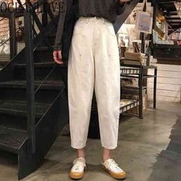 Mujer Pantalones Solid White High Waist Ankle-length Denim Women Pants Student Casual Autumn Trousers 17717 210415