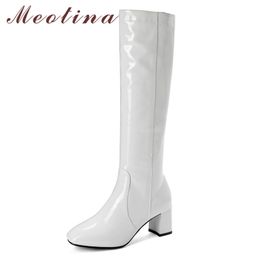 Knee-High Boots Women Shoes Patent Leather High Heel Long Square Toe Thick Heels Zip Lady White Red Size 45 210517