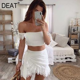 DEAT Summer White Lace Hollow Out Bandage Bodycon Slash Neck Short Top Mini Skirt Two Piece Set Women Outfits MI629 210708