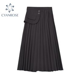 Vintage High Waist Skirt Women White Loose A-line Side Ring Pocket Long Skirt Korean Elegant Summer Mid-Calf Skirt Female 210417