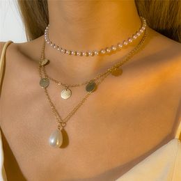 Boho Sweet Tassel Pearl Sequin Pendant Necklace Choker Neck Bead Chain Necklace for Women collier femme Friends Jewellery