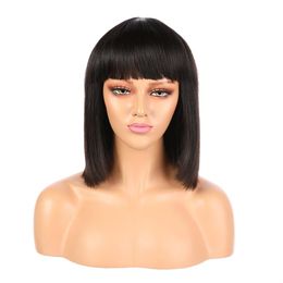 Human Hair Wigs for Black Women Straight None Lace Machine Made Wig Short Cutting Bob Wig Human Hair with Bangs Brazilian Remy HD Seamless Lace Front Wig