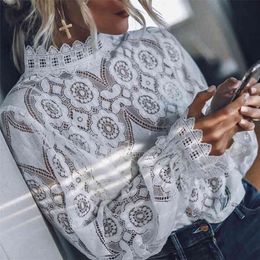 White Lace Blouse Women Elegant Tops Autumn Winter Pink See Through Blouses Shirt spring summer 210427