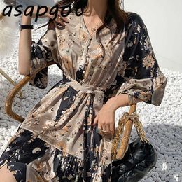 Slim Vintage V Neck Elastic Waist Lace Up Butterfly Sleeve Floral Dress Women Loose Maxi Vestido De Mujer Fashion Korean 210610
