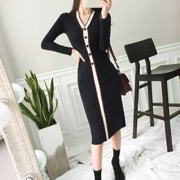 Autumn Winter Women Elegant V-Neck Long Knit Midi Dress Female Striped Thick Warm Button Stretch Bodycon Sweater Dresses 210416