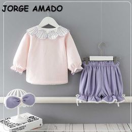 Wholesale Spring Baby Girls 2-pcs Sets Puff Sleeves Shell Shirts Top + Bow Shorts with Headwear Children Clothes E9120 210610