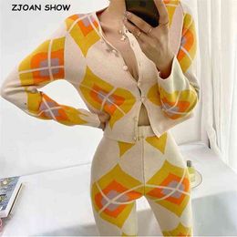 Vintage Knitting Long Sleeve Geometric Cardigan Sexy Women Package hips Flare Pants Beige Trousers Crop Sweater 2 Pieces Set 210429
