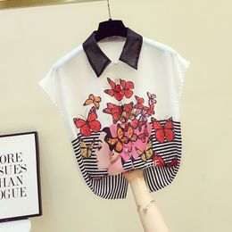 Elegant Women's Summer Turn Down Collar Short Sleeves Butterfly Print Chiffon Shirts Female Blouse Tops Blusas A3434 210428