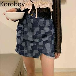 Korobov New Fashion High Waist A-Line Women Skirts Preppy Style Streetwear Chic Denim Skirt Mini Irregular Faldas Mujer 210430